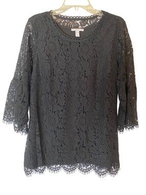 Isaac Mizrahi Live Black Lace 3/4 Sleeve Top Scalloped Hem Medium